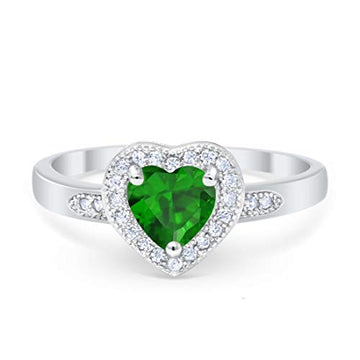Halo Heart Promise Ring Round Simulated Green Emerald CZ 925 Sterling Silver